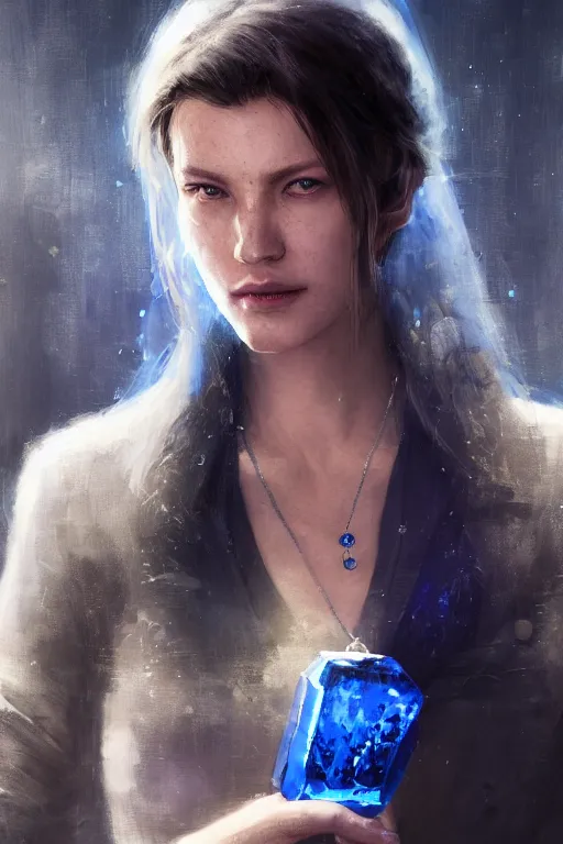 Image similar to A portrait of a women wearing a blue crystal pendant by Greg Rutkowski, Sung Choi, Mitchell Mohrhauser, Maciej Kuciara, Johnson Ting, Maxim Verehin, Peter Konig, Resident evil , 8k photorealistic, cinematic lighting, HD, high details, dramatic, atmospheric , trending on artstation