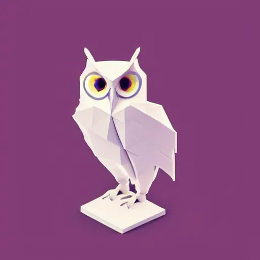 Image similar to cute isometric 3 d low polygon render of an owl, smooth white background, soft focus, centered