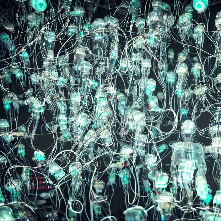 Prompt: a bunch of translucent cyborg man's heads which looks like jellyfish mixed with wires, neon lights, led diodes and radio parts scattered on the floor of the dark corner of the warehouse, high resolution, sci - fi, cyperpunk, bio - mechanical bio - luminescence, 8 k