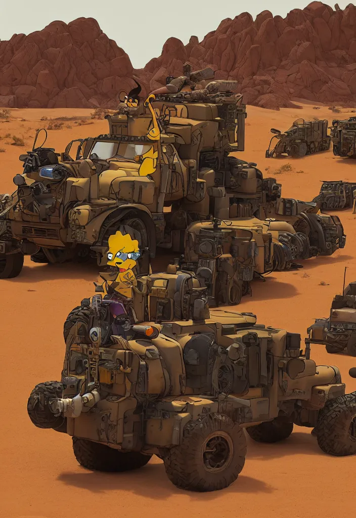 Image similar to Lisa Simpson riding Fury Road War Rig vehicle through the desert, borderlands 4k render