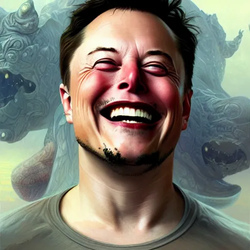Prompt: Portrait of Elon Musk laughing hysterically as stock prices crash, fantasy, intricate, elegant, highly detailed, digital painting, artstation, concept art, matte, sharp focus, illustration, art by Artgerm and Greg Rutkowski and Alphonse Mucha, portrait