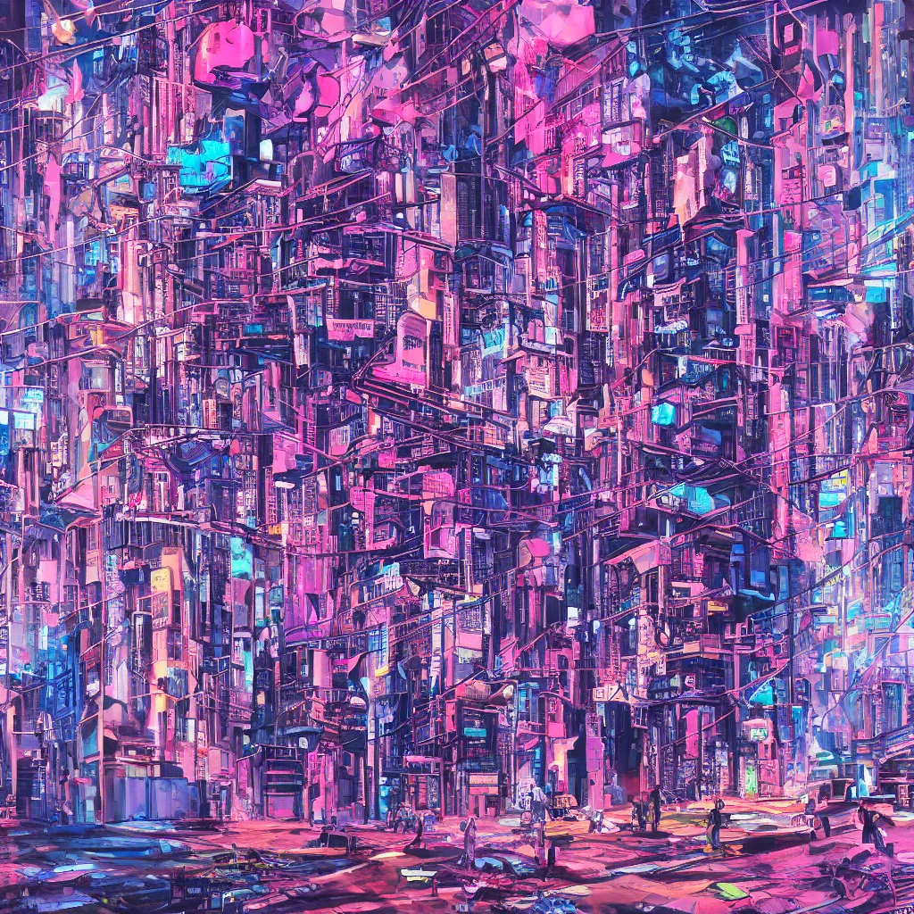 Prompt: oil painting of a cyberpunk metropolis, fuchsia and blue, crowded people occupying buildings and outside, textured