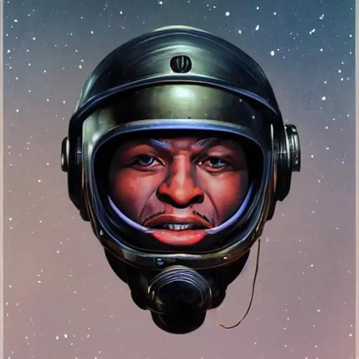 Prompt: photoreal had portrait of a powerful black man in scifi helmet, space nebula milky way background, by norman rockwell and boris vallejo, artstation, concept character art