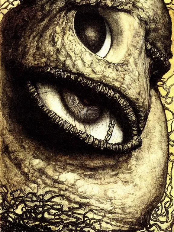 Image similar to one-eyed Cyclops Polyphemus concept art with one huge eye. Extremely high detail, details, realistic, masterpiece, colorful, oil art by Arthur Rackham, Muzinabu, Johann Tischbein, Eugene de Blaas, Frederic Leighton, Harry Clarke