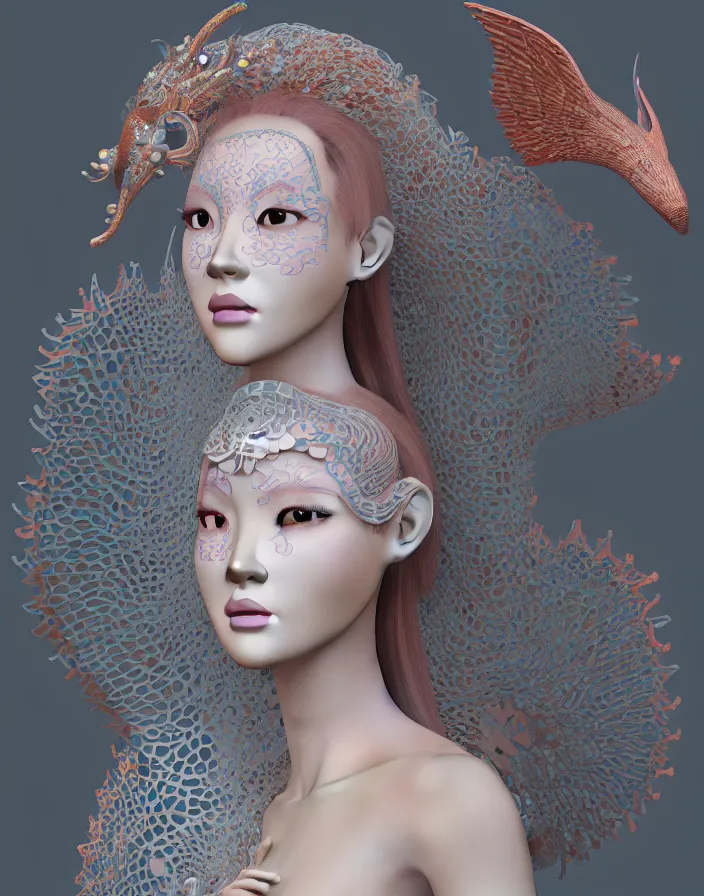 Image similar to 3 d goddess medium shot profile portrait. beautiful intricate highly detailed korean gumiho mask and traditional korean hanbok. stingray, magpie, stingray, magpie, bioluminescent, plasma, lava, ice, water, wind, creature, fog, artwork by tooth wu and wlop and beeple and greg rutkowski, 8 k trending on artstation,