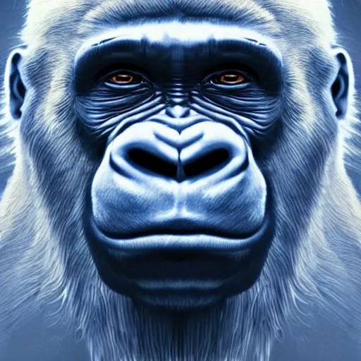 Image similar to A ((((potrait)))) of pure white faced silver back gorilla , covering its head with a deep blue cloth , digital art