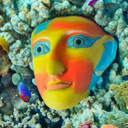 Image similar to a coral reef painted on a plaster mask, photography, highly detailed, high saturation, minimalistic, 4k