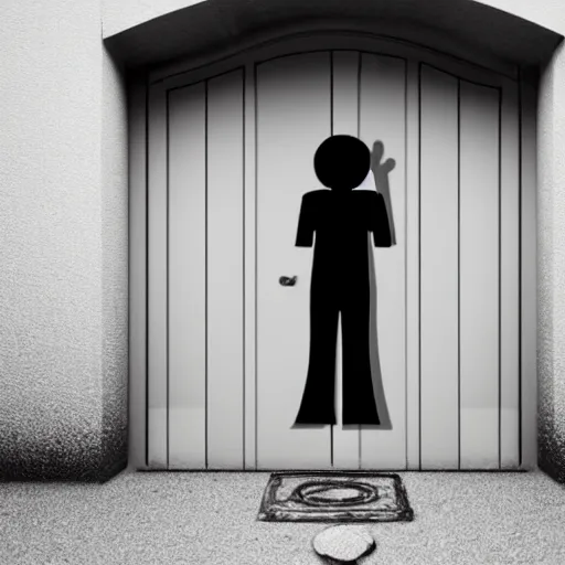 Prompt: a dark figure sitting in front of a door holding a key