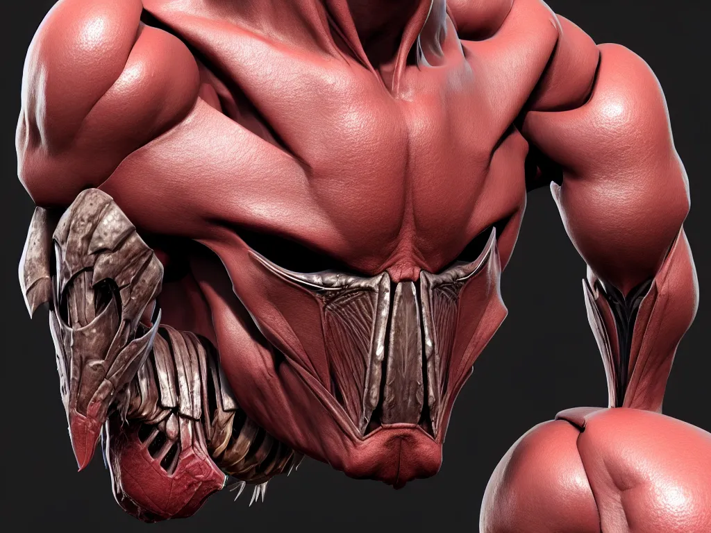 Image similar to game concept art, muscular, exoskeleton, chiroptera head, chiroptera ears, chiroptera nose, isopod, hyperrealism, fine detail, artstation, cgsociety, zbrush, no background