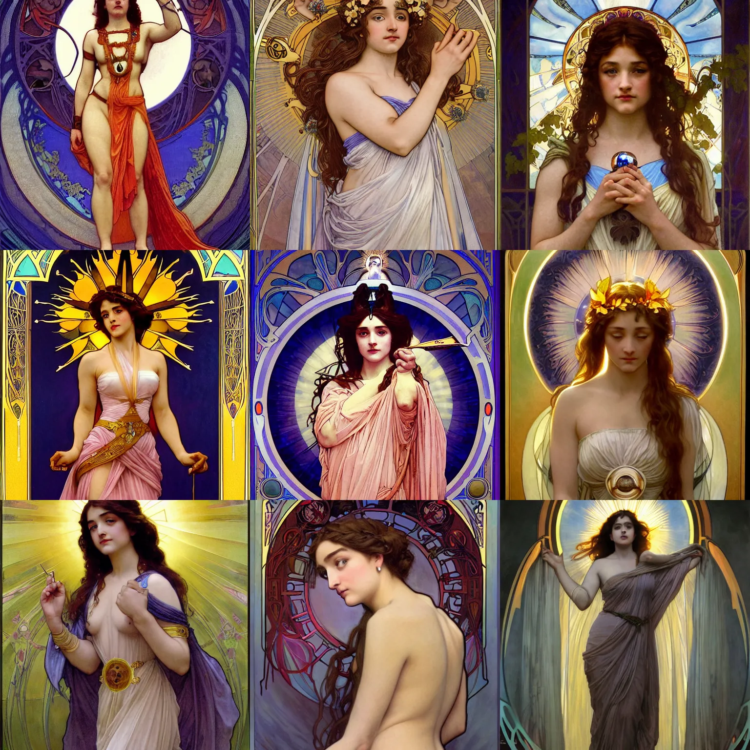 Prompt: stunning, breathtaking, awe-inspiring award-winning concept art nouveau painting of attractive Mary Mouser as the goddess of the sun, with anxious, piercing eyes, by Alphonse Mucha, Michael Whelan, William Adolphe Bouguereau, John Williams Waterhouse, and Donato Giancola, cyberpunk, extremely moody lighting, glowing light and shadow, atmospheric, cinematic, 8K