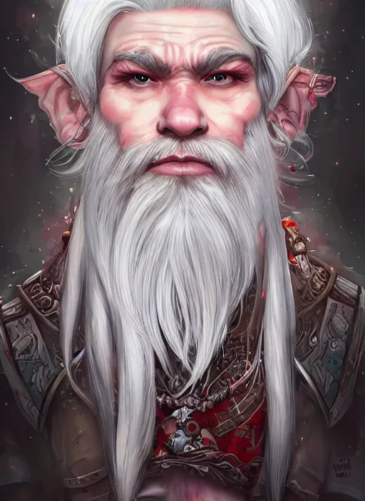 Prompt: dwarf with white hair, red iris, long beard, pale snow white skin, full body character portrait, colorful, intricately detailed, digital art by artgerm