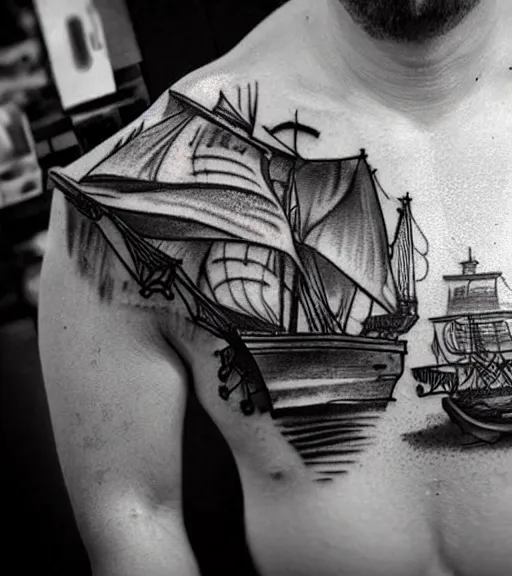 Image similar to A realistic tattoo design sketch of a pirate ship, white background, black and white, highly detailed tattoo, shaded tattoo