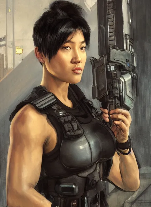 Image similar to black chun li arresting meathead. cyberpunk police trooper in a military vest ( blade runner 2 0 4 9, cyberpunk 2 0 7 7 ). orientalist portrait by john william waterhouse and james gurney and theodore ralli and nasreddine dinet, oil on canvas. cinematic, hyper realism, realistic proportions, dramatic lighting, high detail 4 k