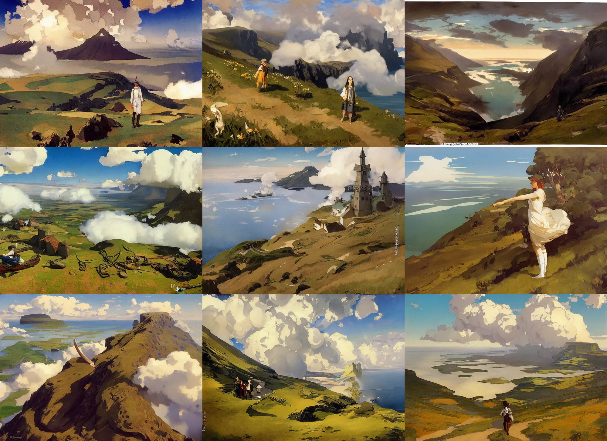 Prompt: painting by sargent and leyendecker and greg hildebrandt, james gurney, apollinaris vasnetsov, savrasov levitan polenov, studio ghibli style, middle ages, above the layered low clouds big lake wide river road to sea bay view faroe azores overcast