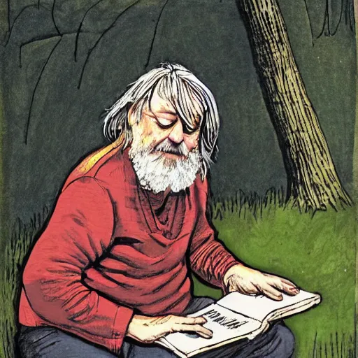 Prompt: robert wyatt sitting on the ground, reading a book to some goblins, artwork