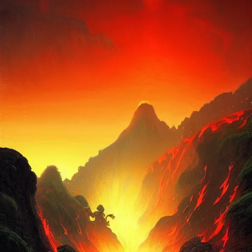 Prompt: elves fight orcs at the foot of a fatal lava - spewing mountain, vivid color, highly detailed, digital painting, artstation, matte, sharp focus, impressionnisme, art by kuindzhi