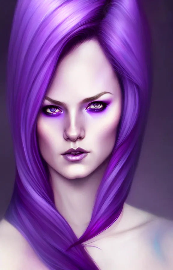 Image similar to Purple hair relistic Portrait of a woman with bright colored flying hair, all shades of purple. Hair coloring, long hair, blue eyes, fantasy, intricate, elegant, highly detailed, digital painting, artstation, concept art, smooth, sharp focus, illustration, art by artgerm and greg rutkowski and alphonse mucha