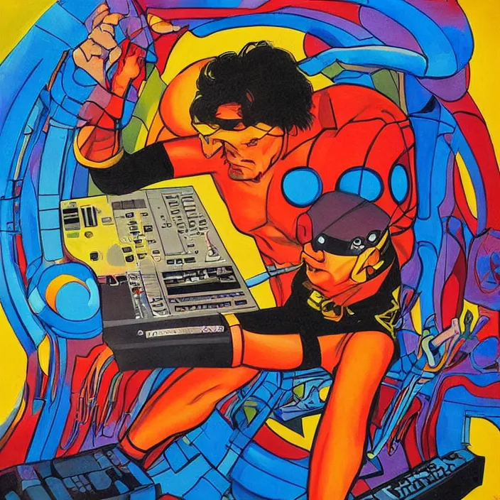 Image similar to cyclops (from x-men) playing an MPC 2000XL, colourful painting by Toni Toscani,