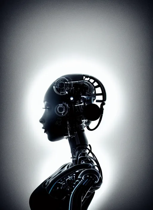 Image similar to a beautiful young female futuristic robot profile face, daguerrotype, closeup - view, f / 2. 8, low contrast, 1 6 k, x - ray, beautiful lighting, reflective, in a symbolic and meaningful style, surreal dreamy poetic