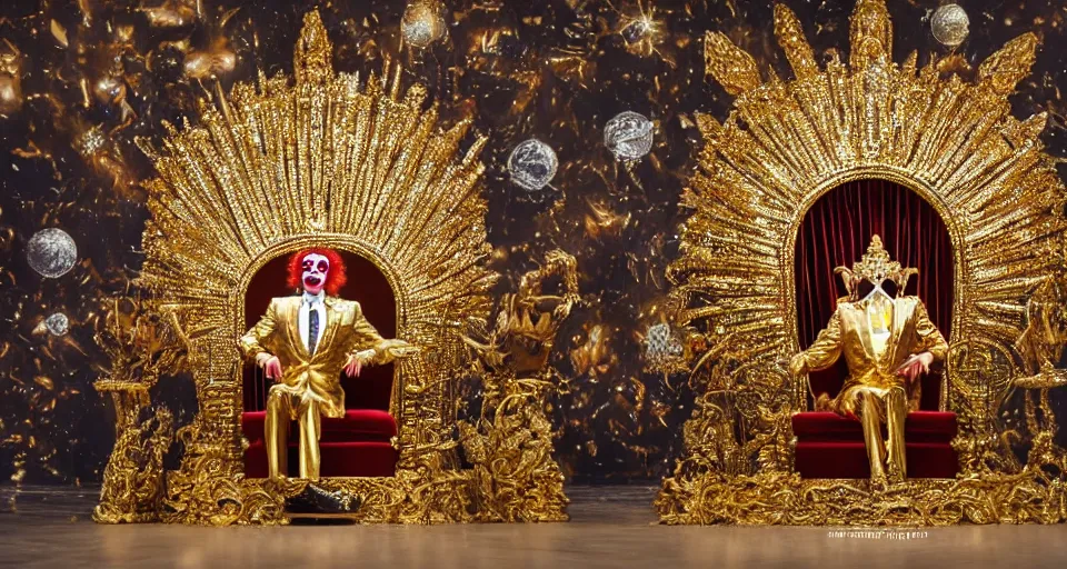 Image similar to shining majestic throne made of millions of diamonds, gold and zaphires with thousands of light reflections, and a stupid clown on a suit is sitting on the throne while handing a globe, 4 k