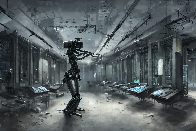 Image similar to gloomy ruined server room in datacenter painting concept art of half - body robot, artillery, pacing, computers, racks, motherboard, by pascal blanche rutkowski artstation detailed matte painting, 4 k resolution