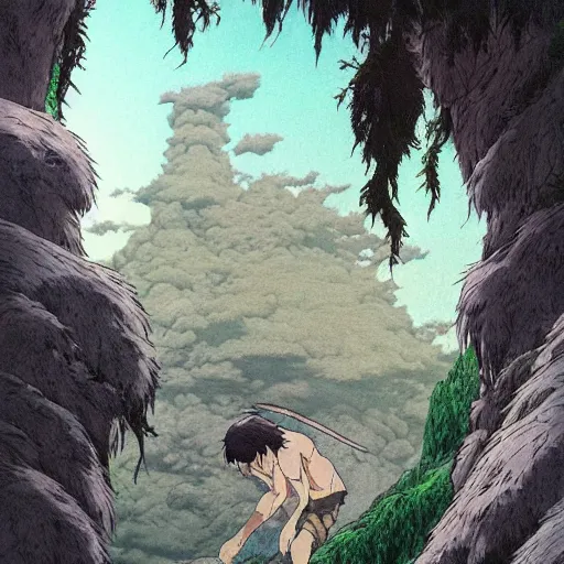 Image similar to a realistic cell - shaded studio ghibli concept art from princess mononoke ( 1 9 9 7 ) of a giant caveman. very dull colors, wide shot, hd, 4 k, hq