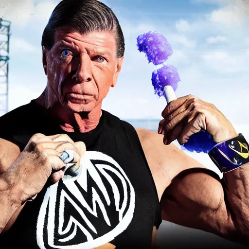 Prompt: WWE, Vince McMahon wearing a du-rag and the ECW Championship belt while eating a snow cone in front of a chainlink fence, photorealistic, dark, gritty, nu-metal, hardcore wrestling, highly detailed, hyperrealistic, barbed wire, rendered in Octane, rendered in Unreal engine, 4k, award-winning, ultra hd, intricate, digital painting