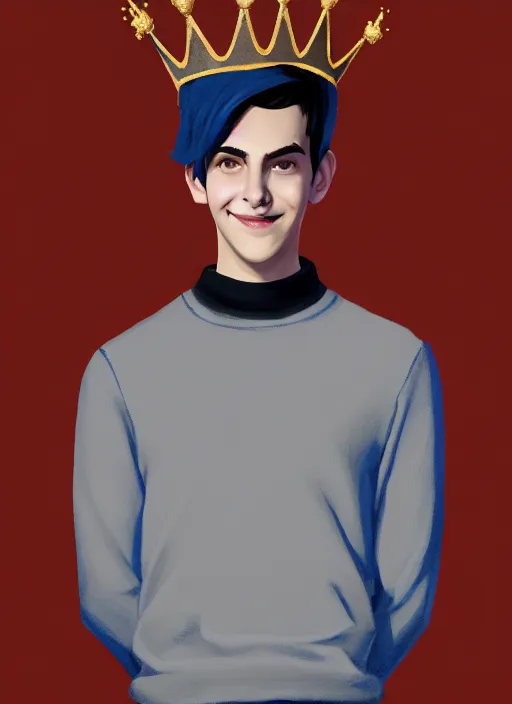 Image similar to portrait of teenage jughead jones wearing a light grey crown, crown, blue turtleneck, closed eyes, eyes closed, smile, crown, black hair, intricate, elegant, glowing lights, warm lighting, highly detailed, digital painting, artstation, concept art, smooth, sharp focus, illustration, art by wlop, mars ravelo and greg rutkowski