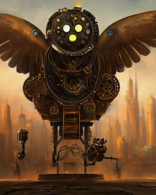 Prompt: oil painting of Gigantic Steampunk Owl Robot sharp focus, exploding golden steampunk city background, fantasy style, octane render, volumetric lighting, 8k high definition, by greg rutkowski, highly detailed, trending on art Station, magic the gathering artwork, centered, dramatic artwork, combat scene