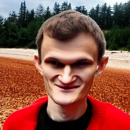 Image similar to vitalik buterin on a red beach taking a selfie