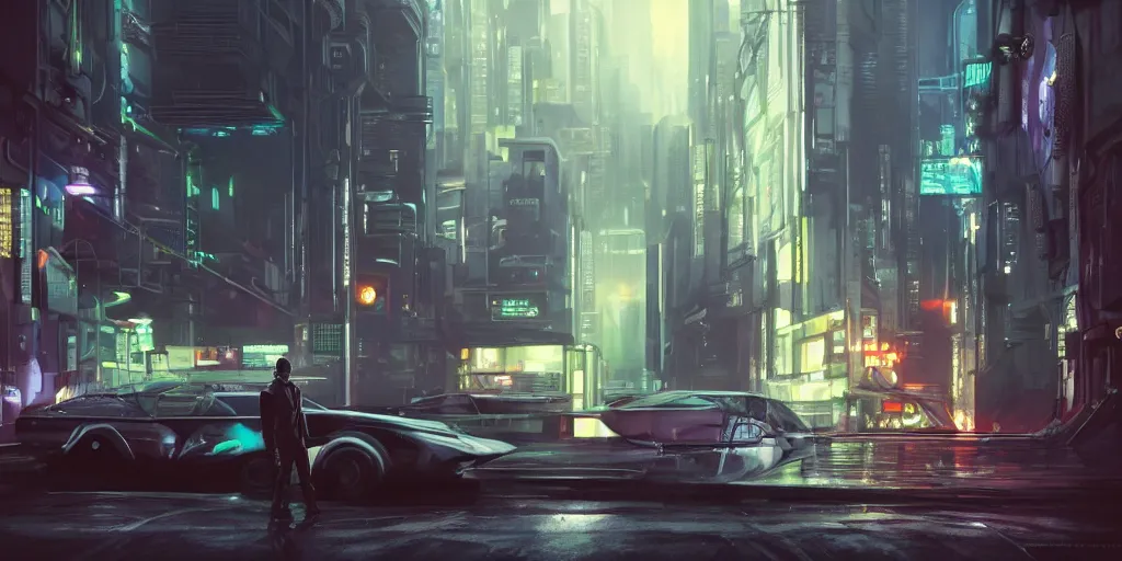 Image similar to a man standing next to a car on a city street, cyberpunk art by Vincent Lefevre, cgsociety, retrofuturism, matte painting, reimagined by industrial light and magic