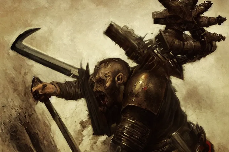 Image similar to portrait, realistic painting image about a templar knight has a chainsaw, versus a monster. dramatic scene, horror, dramatic lighting realism, created by gustave courbet and michaelangelo, trending in artstation, fine art, smooth draw with oil painting.
