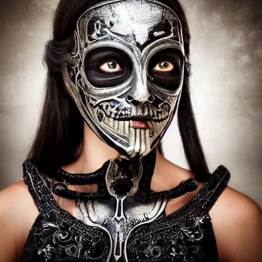 Image similar to A new dark hero for blockbuster movies. A beautiful woman wearing a silver skeletal mask, with an ancients, ultra-detailed pattern. Attractive eyes. A fearless smile. Blurred background. Earrings. Golden