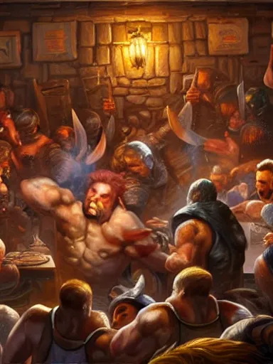 Prompt: half dozen guys brawling in a tavern. intricate, elegant, highly detailed, digital painting, artstation, concept art, sharp focus, illustration, by justin gerard and artgerm, 8 k