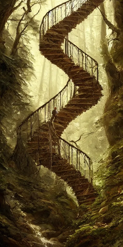 Image similar to a man walking up a steep and winding staircase, in beautiful woods, intricate, elegant, highly detailed, oil painting, artstation, concept art, sharp focus, beautiful illustration, society, by justin gerard and artgerm, 4 k