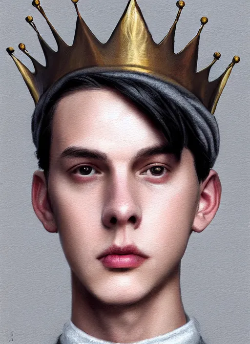 Prompt: portrait of teenage jughead jones wearing a light grey crown, photorealistic, crown made of fabric, grey crown with pin badges, crown with pins, black hair, intricate, elegant, highly detailed, digital painting, glowing lights, artstation, concept art, smooth, sharp focus, illustration, art by wlop, mars ravelo and greg rutkowski