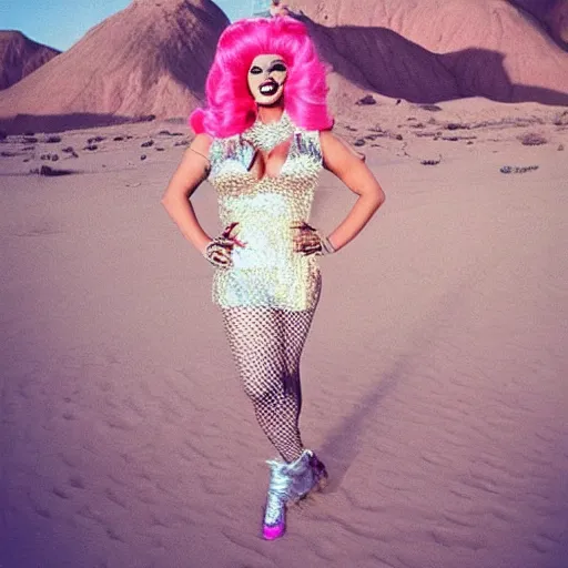 Prompt: drag queen pink paradise in desert, polaroid photo, perfect photo, photo pinterest