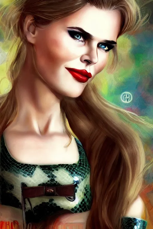 Prompt: mix of beautiful young maria shriver, mariel hemmingway, brooke shields, nicole kidman and elle macpherson as a snake girl with fangs, thin lips, hair tied up in a pony tail, dark blonde hair, colorful, artstation, cgsociety