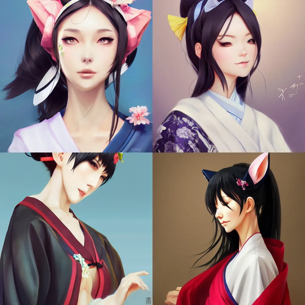 Prompt: A potrait of a beautiful, shapely woman with cat ears wearing a modest kimono, digital painting, by Stanley Artgerm Lau, WLOP, Rossdraws, LeraPi, and Sakimichan, digtial anime painting, trending on ArtStation, deviantart