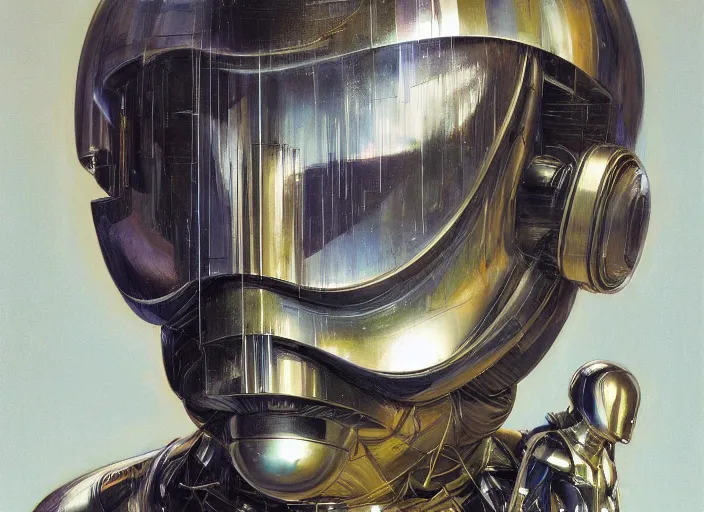 Prompt: a portrait of cyber - dog of sci fi metallic human, bright eyes, melancholic complex geometric figure liminal machinery by oskar schlemmer, moebius, john berkey, film grain, oil on canvas, portrait facial head, featured on artstation, hd wallpaper, 8 k by yoji shinkawa