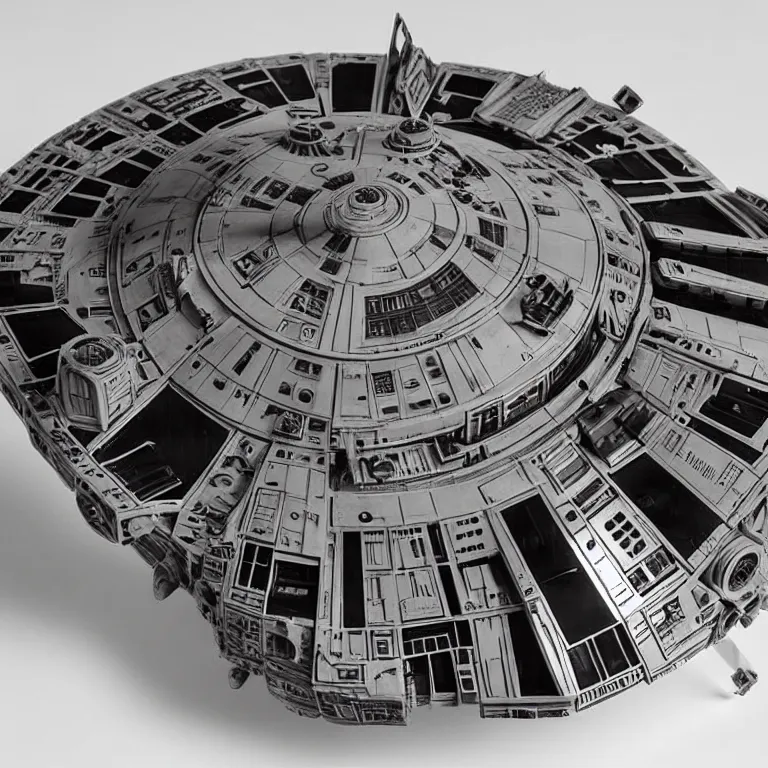 Image similar to model millenium falcon on a stand, 1 9 8 0 s, product shot, shiny, reflective, studio photo, side show collectibles, realistic