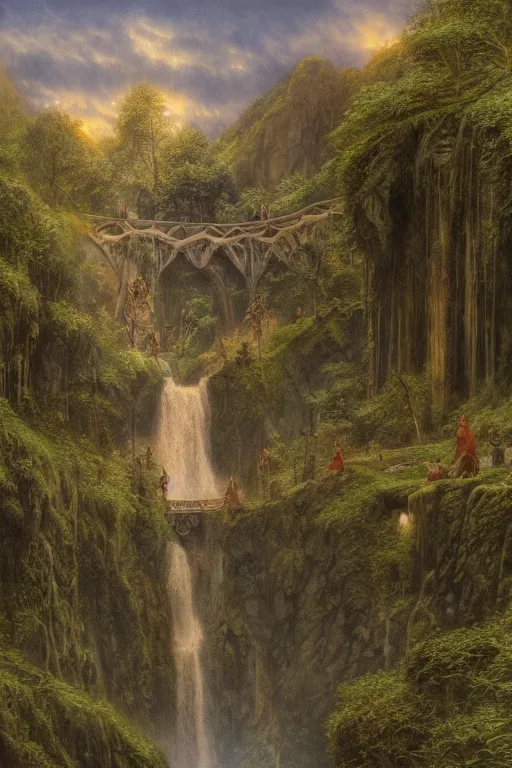 Image similar to beautiful detailed matte painting of Rivendell at the gorge, evening, Alan Lee, Artstation