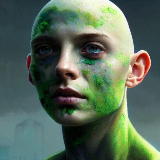 Image similar to portrait painting of a post - apocalyptic bald androgynous teenager with white eyes and a green aura around his head, ultra realistic, concept art, intricate details, eerie, highly detailed, photorealistic, octane render, 8 k, unreal engine. art by artgerm and greg rutkowski and charlie bowater and magali villeneuve and alphonse mucha