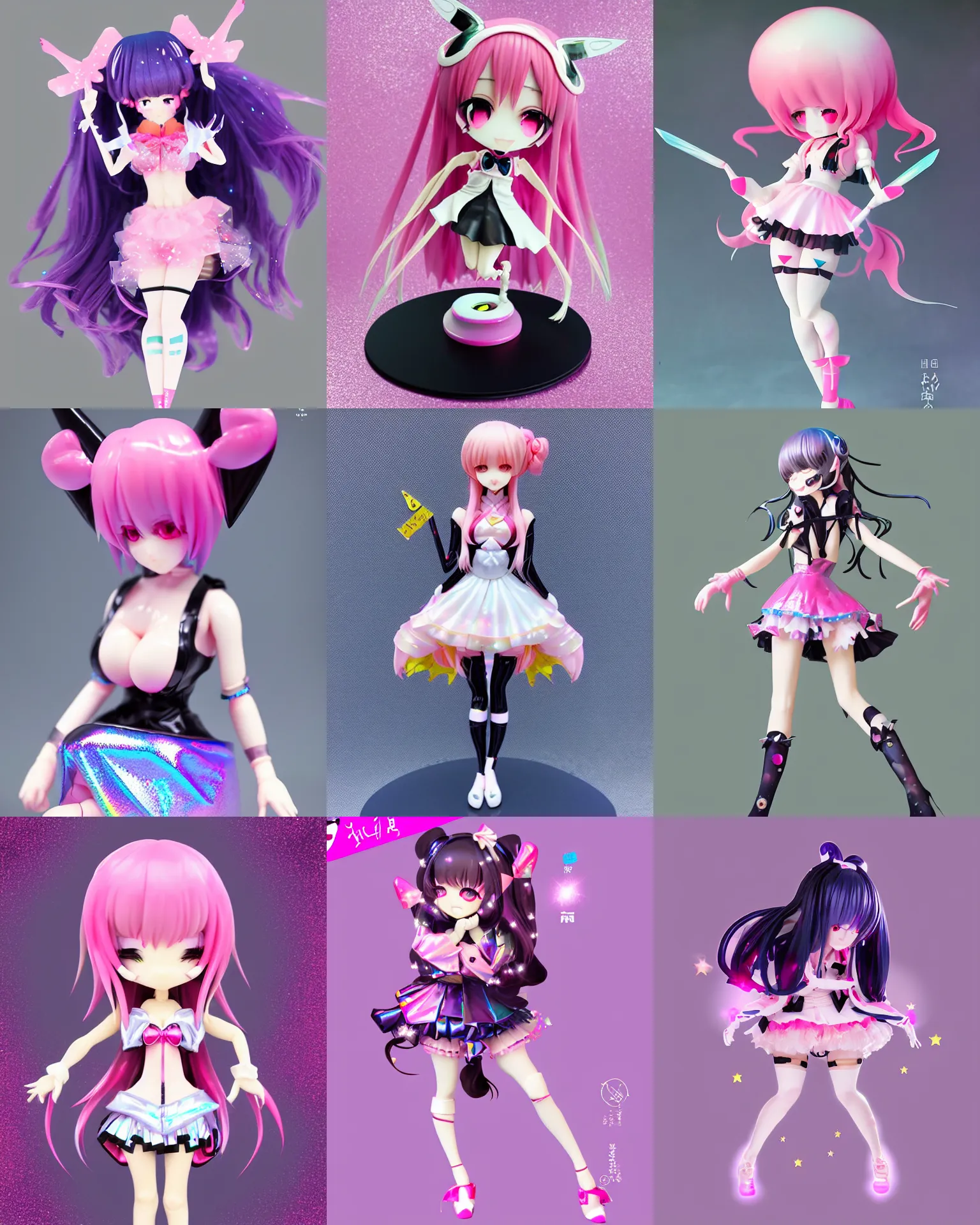 Prompt: conomi isolated vinyl figure voluptuous harajuku cute magical girl character design, figure photography, dynamic pose, holographic undertones, motion shapes color design, glitter accents on figure, anime stylized, sharp focus, accurate fictional proportions, high delicate defined details, ethereal lighting, global awarded