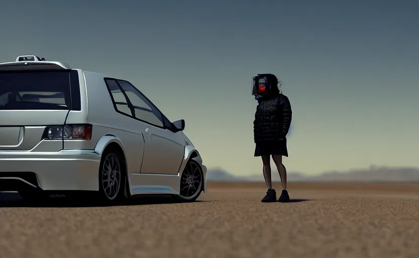 Prompt: photograph of a cell-shaded Honda EK9 Type-R with a lonely techwear woman , on a desert road with a futuristic city in the horizon, one point perspective, 1-point perspective, tilt shift, sigma 85mm f/1.4, 4k, depth of field, high resolution, 4k, 8k, hd, full color