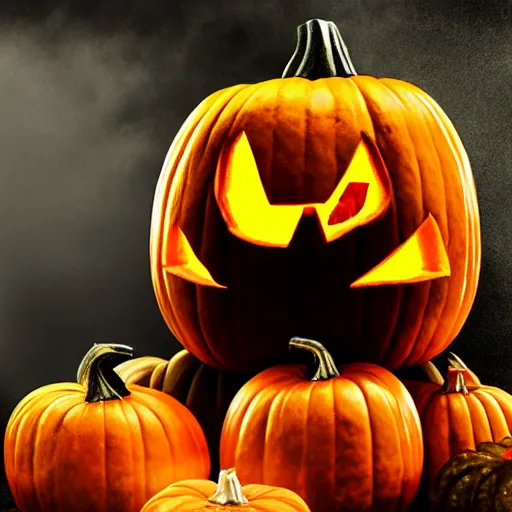 Image similar to pumpkin with black smoke coming from its eyes, high detail, concept art, fantasy art, computer art