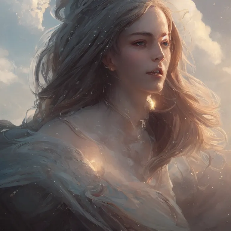 Prompt: a portrait of a beautiful hopeful lady with pretty eyes, beautiful eyes, highly detailed eyes, looking up onto the sky, light smiling, art of wlop and greg rutkowski, intricate, high details, epic fantasy art, bright light masterpiece, ray of light through white hair