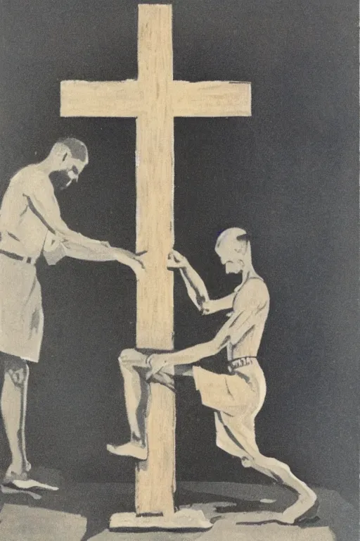 Image similar to man kneeling at the base of a wooden cross, 1960’s advertising art illustration