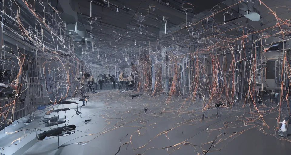 Image similar to a photo of hundreds of humans hooked up to wires in a multilevel biomechanical room, unreal engine, octane render,