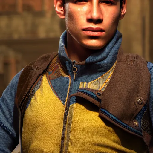 Image similar to portrait art of a good looking young Peruvian man with no facial hair, 8k ultra realistic, lens flare, atmosphere, glow, detailed,intricate, full of colour, cinematic lighting, trending on artstation, 4k, hyperrealistic, focused, extreme details,unreal engine 5, cinematic, masterpiece